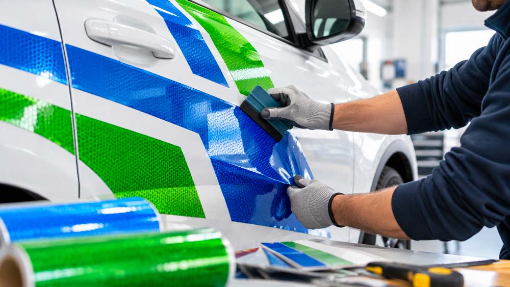 Applicazione di pellicola adesiva rifrangente blu e verde sulla carrozzeria di un veicolo