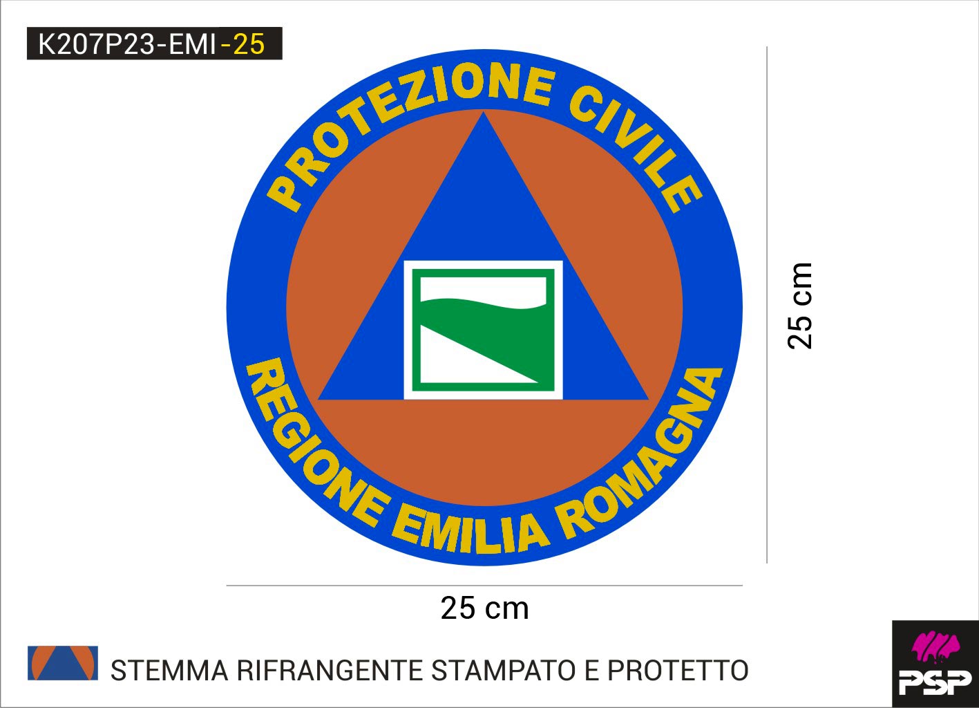 Adesivo stemma protezione civile volontari regione Emilia Romagna diametro 25 cm. stampato su materiale RIFRANGENTE, con protettivo frontale