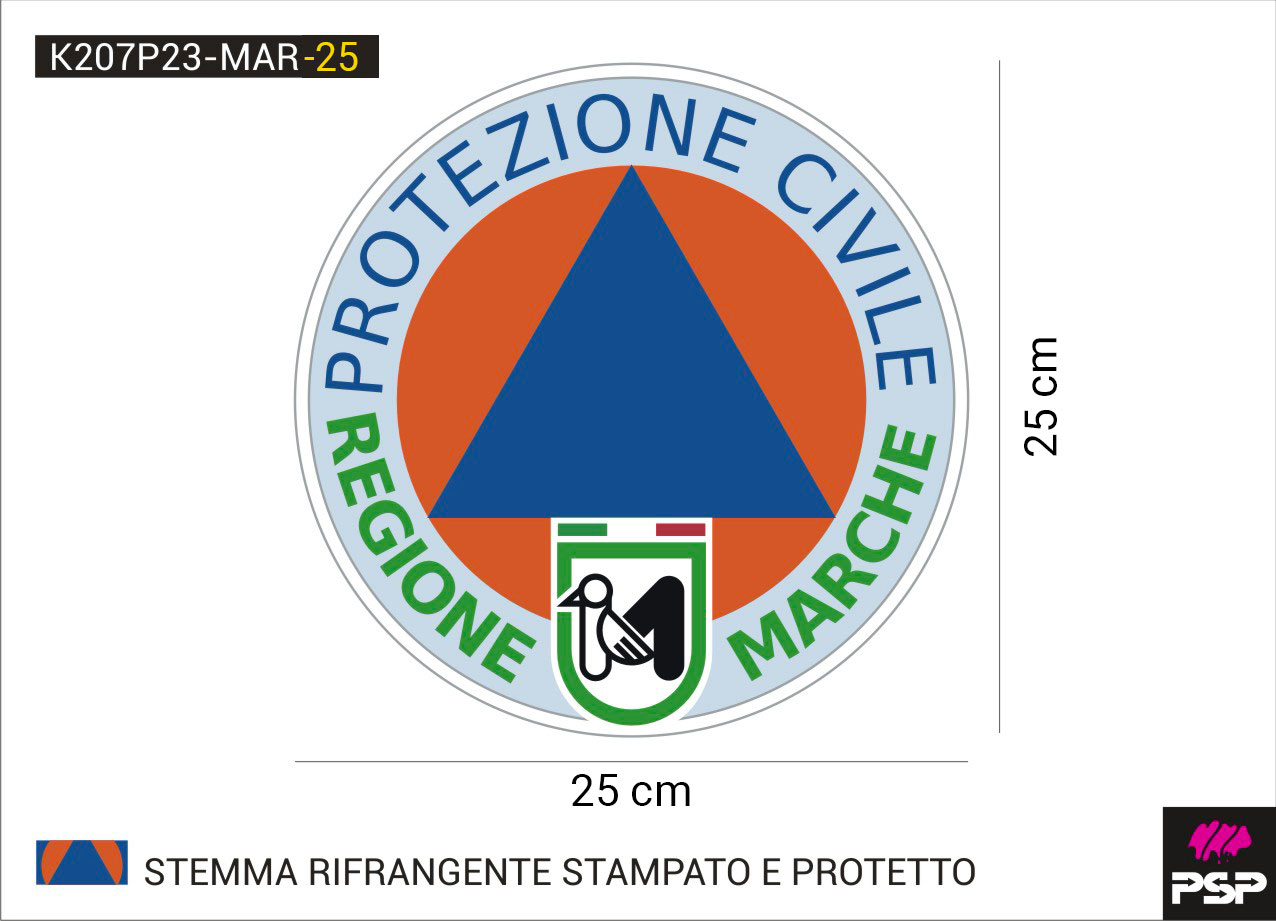 Adesivo stemma protezione civile volontari regione Marche diametro 25 cm. stampato su materiale RIFRANGENTE, con protettivo frontale