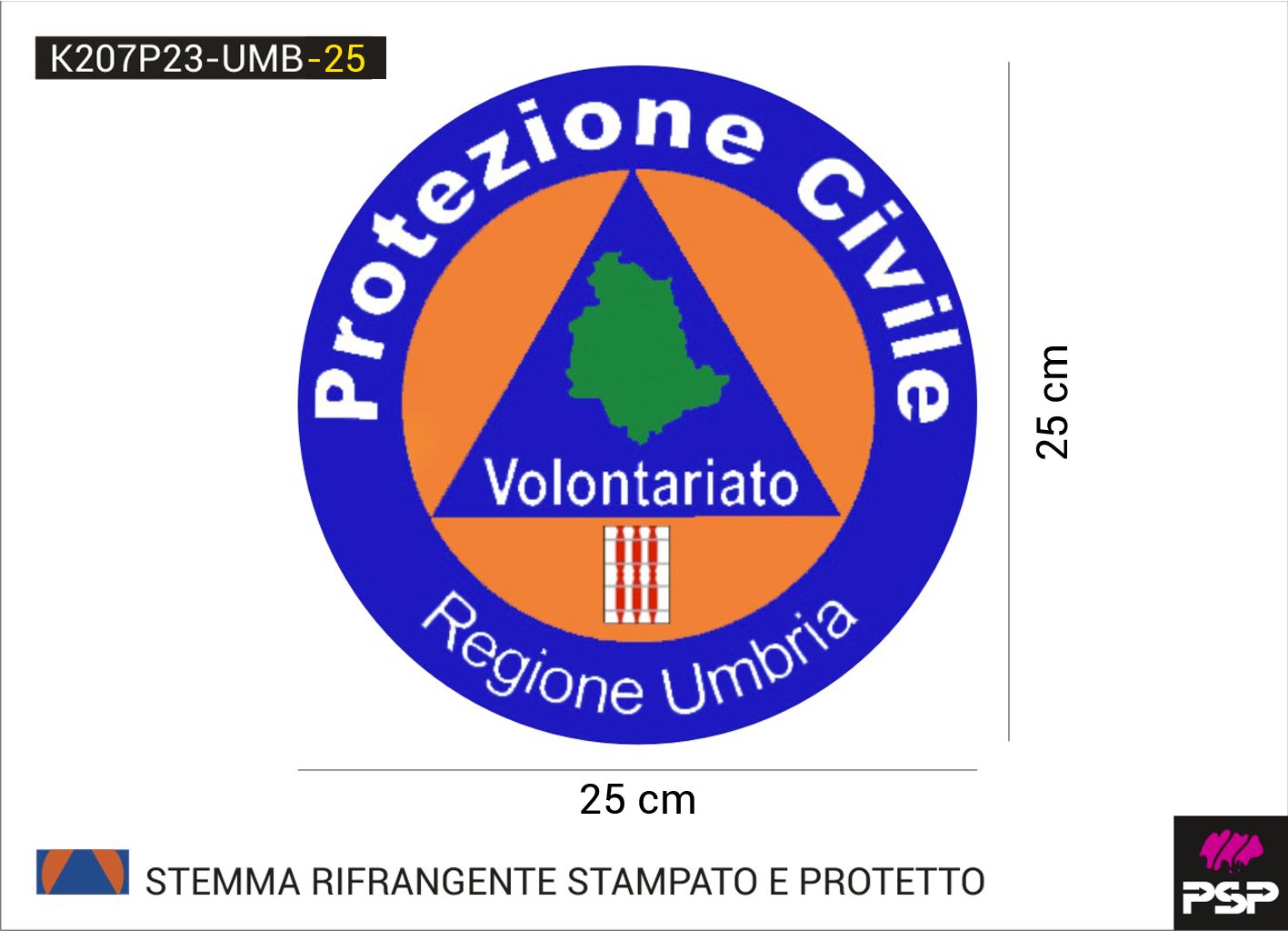 Adesivo stemma protezione civile volontari regione Umbria diametro 25 cm. stampato su materiale RIFRANGENTE, con protettivo frontale