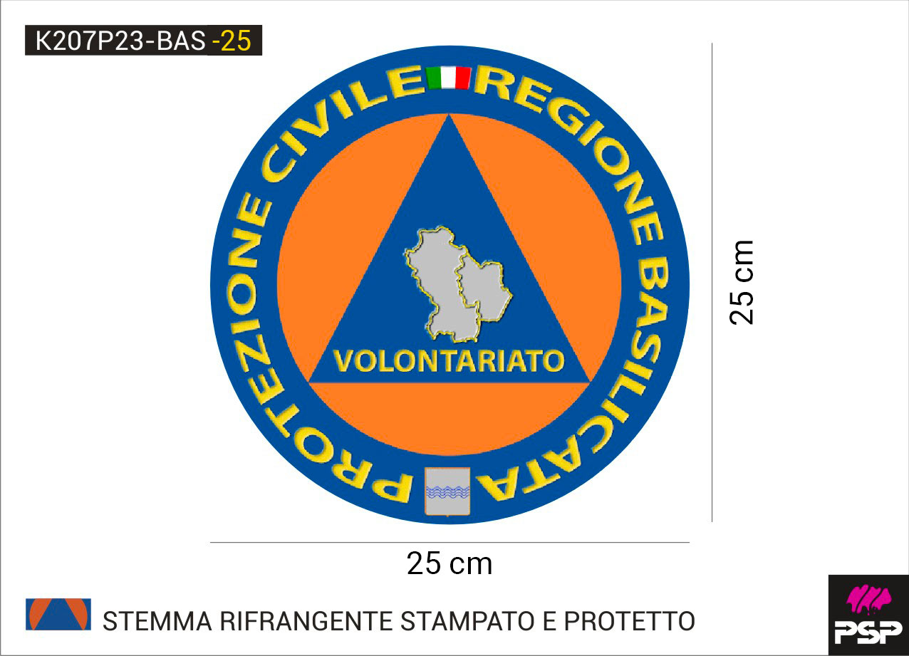 Adesivo stemma protezione civile volontari regione Basilicata diametro 25 cm. stampato su materiale RIFRANGENTE, con protettivo frontale