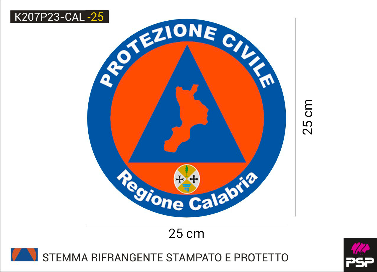 Adesivo stemma protezione civile volontari regione Calabria diametro 25 cm. stampato su materiale RIFRANGENTE, con protettivo frontale