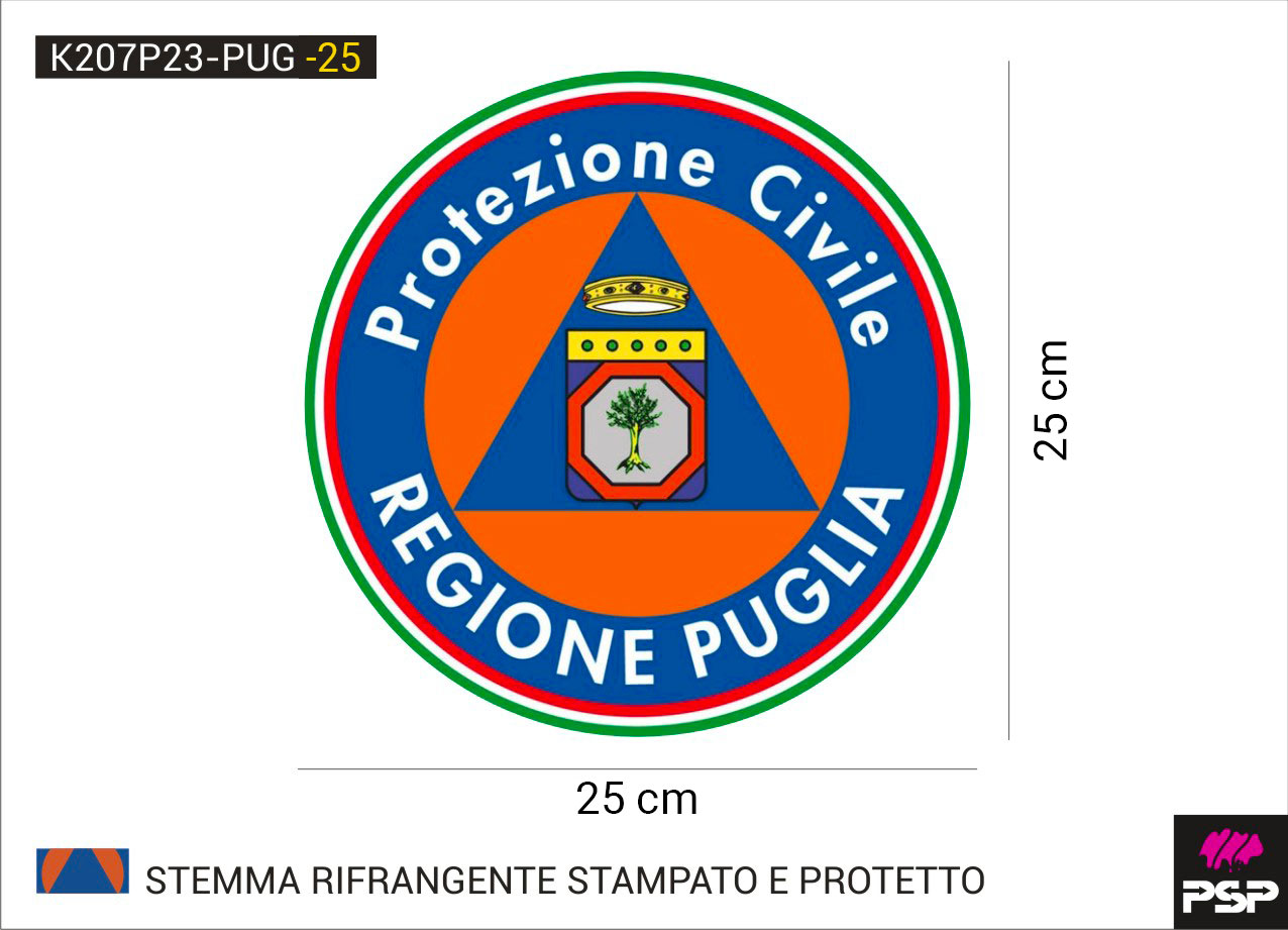 Adesivo stemma protezione civile volontari regione Puglia diametro 25 cm. stampato su materiale RIFRANGENTE, con protettivo frontale