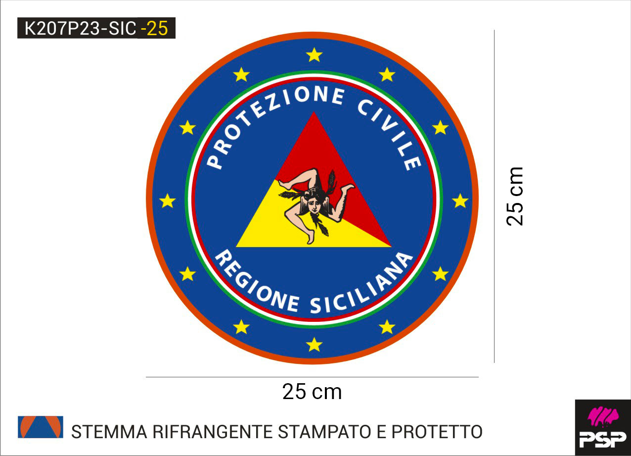 Adesivo stemma protezione civile volontari regione Sicilia diametro 25 cm. stampato su materiale RIFRANGENTE, con protettivo frontale